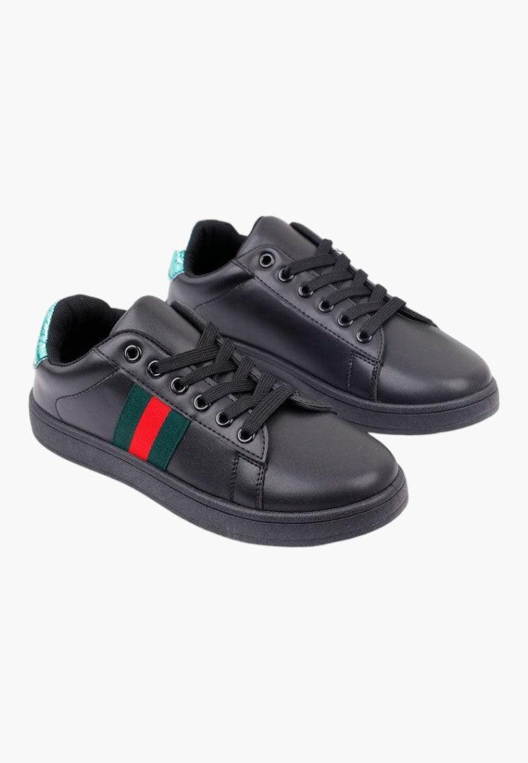 Czarno zielone buty sportowe damskie z okrągłym noskiem, widok z przodu