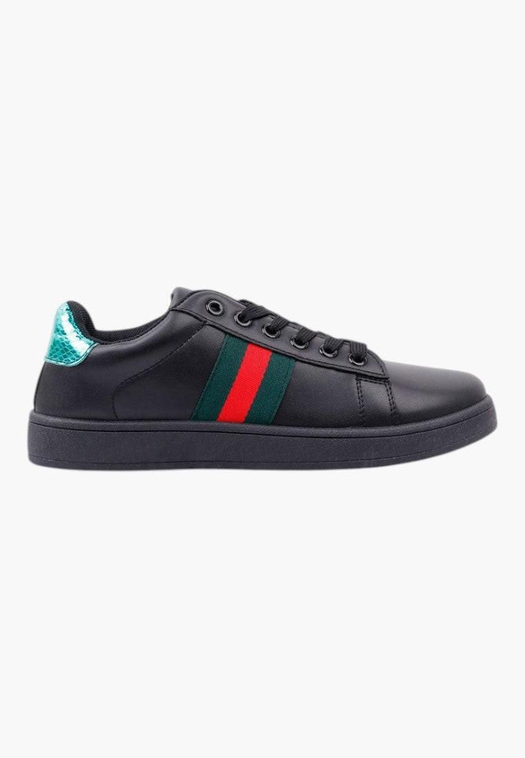 Czarno zielone buty sportowe damskie z paskami, widok z boku