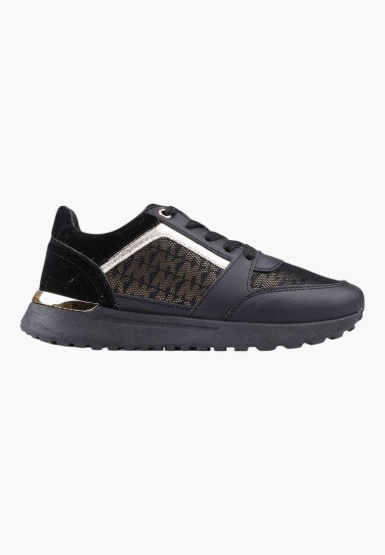 Czarno złote sneakersy damskie z boku, elegancki design i złote akcenty.