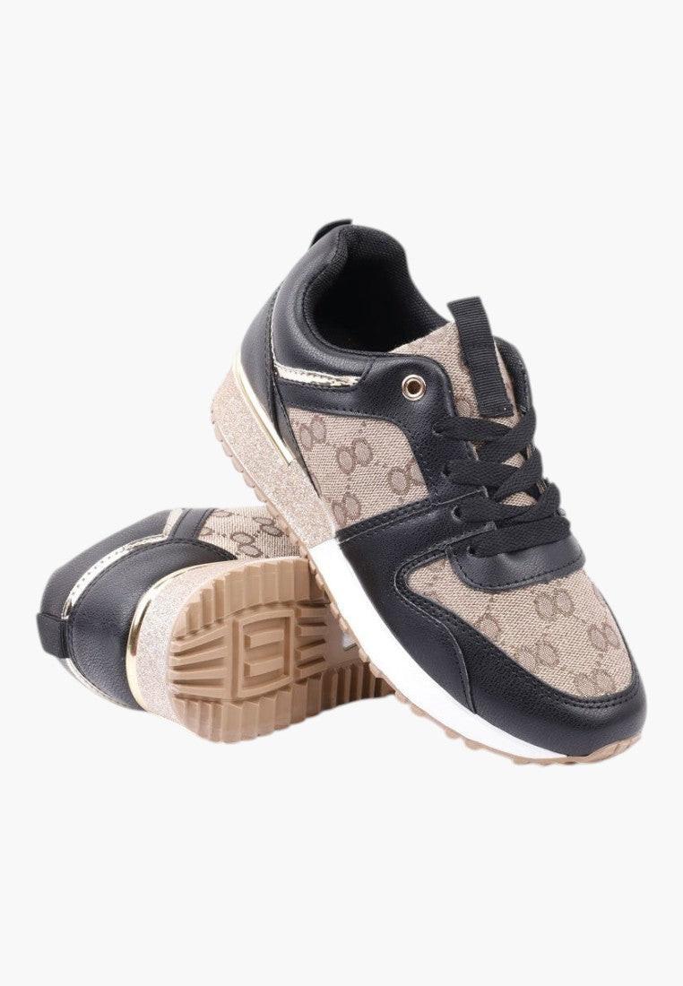 Czarno złote sneakersy damskie z boku, z teksturowanym wierzchem