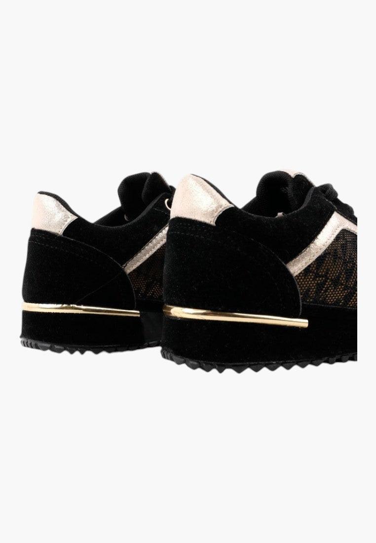 Czarno złote sneakersy damskie z grubą podeszwą, widok z boku.