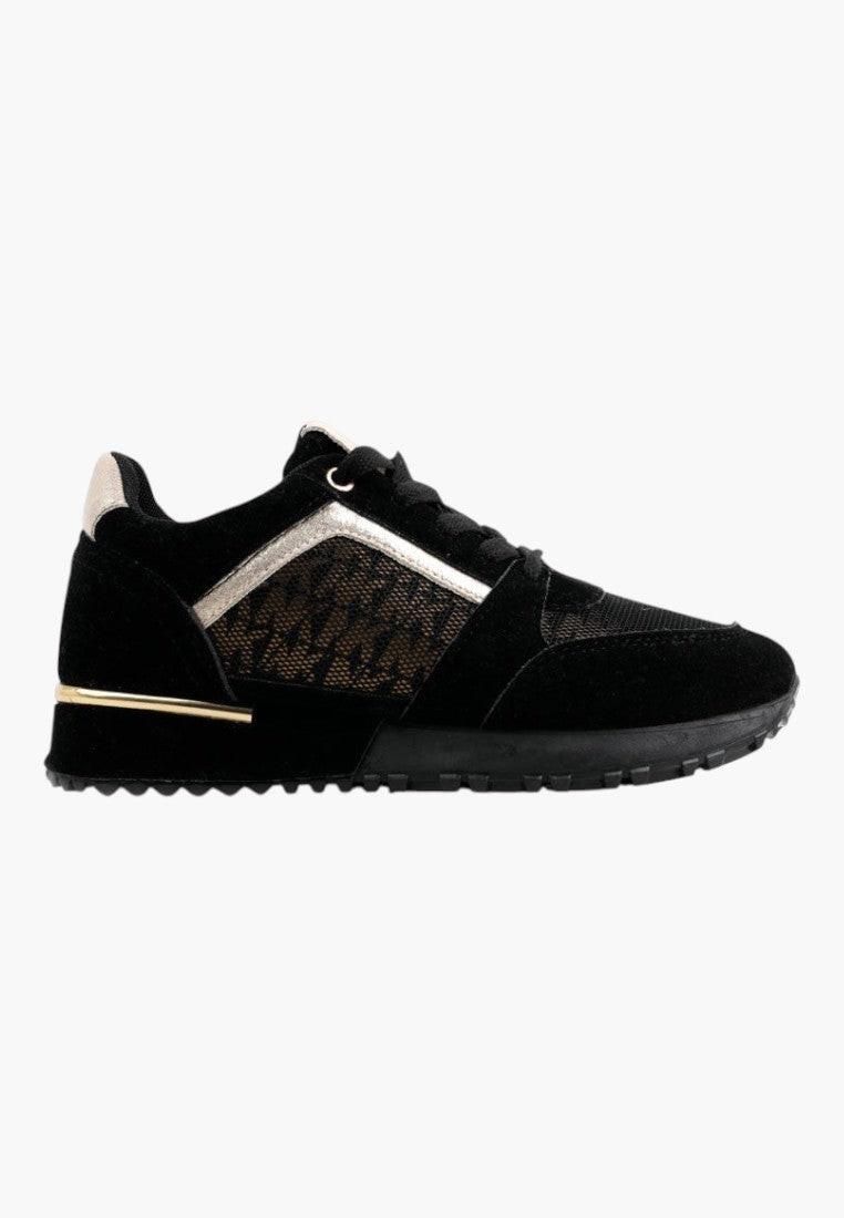 Czarno złote sneakersy damskie z metalicznymi wstawkami, widok z boku.