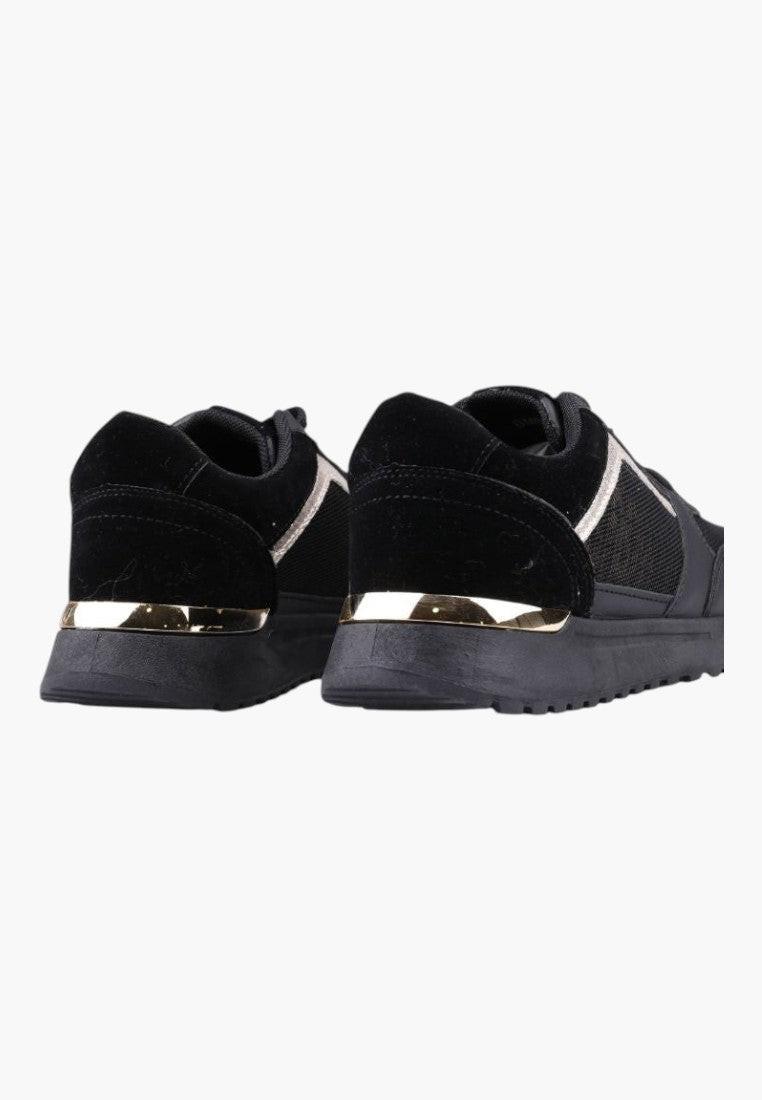 Czarno złote sneakersy damskie z tyłu, z wyściełanym kołnierzem i złotymi detalami.