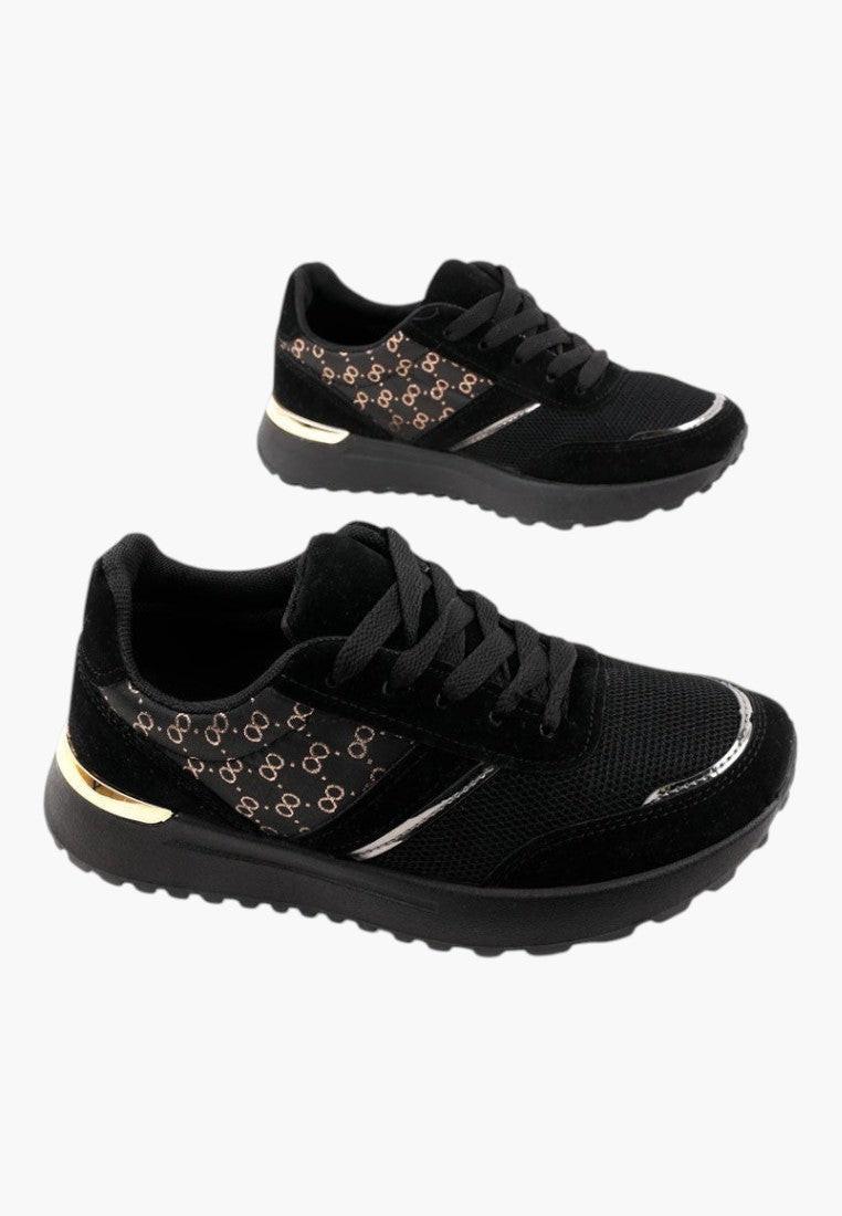 Czarno-złote sneakersy damskie z zamszu, widok z boku z chunky podeszwą.