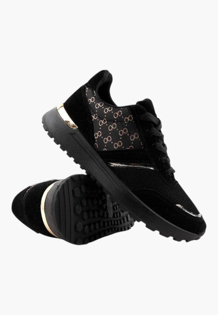 Czarno-złote sneakersy damskie z zamszu, szczegółowy widok na złote akcenty.