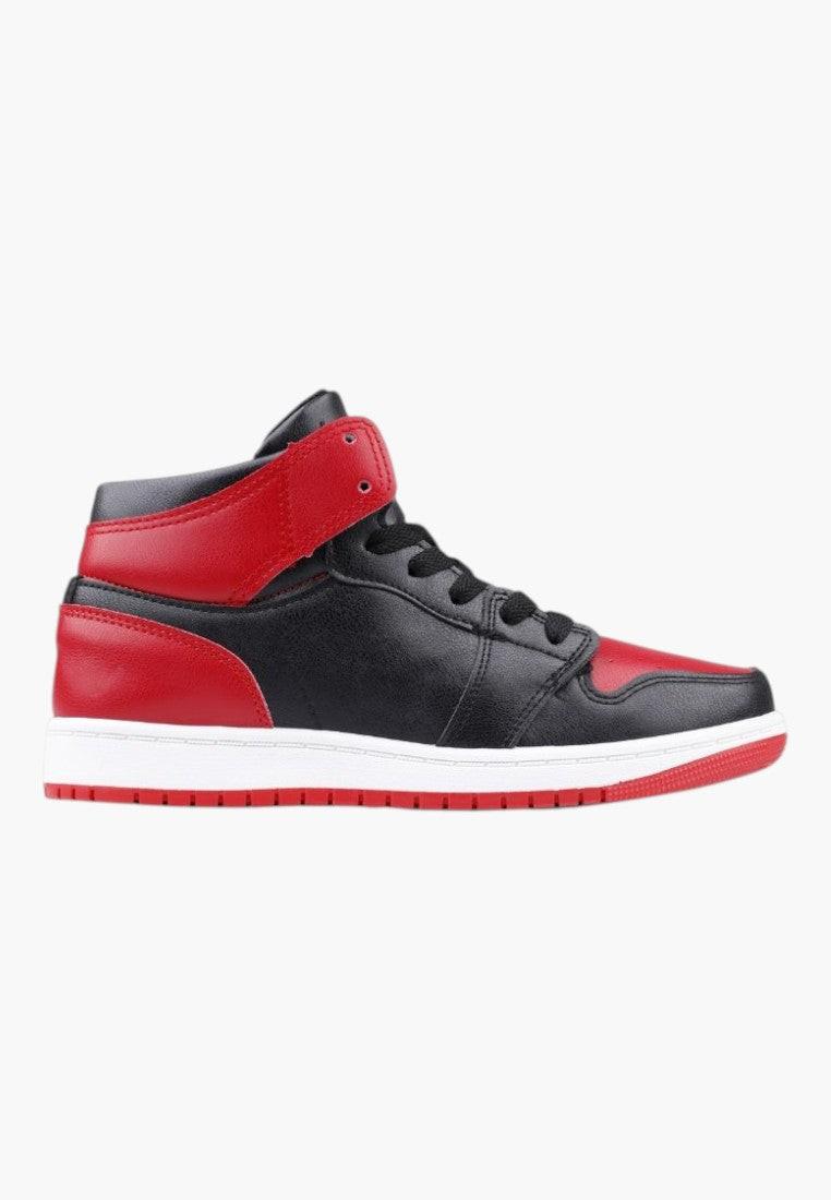 Czerwono czarne sneakersy damskie z boku, wysoka cholewka.