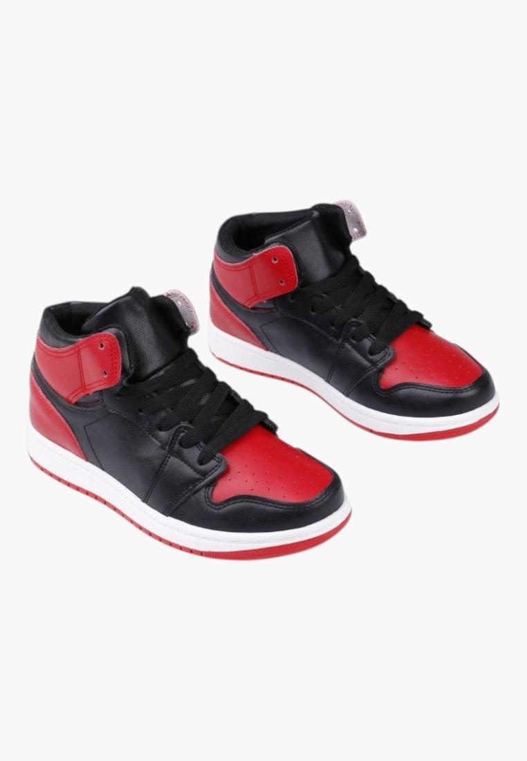 Czerwono czarne sneakersy damskie w stylu życia, wysoka cholewka.