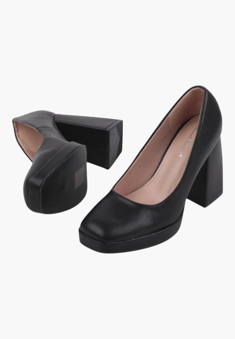 Czółenka damskie czarne z chunky heel, detal tekstury
