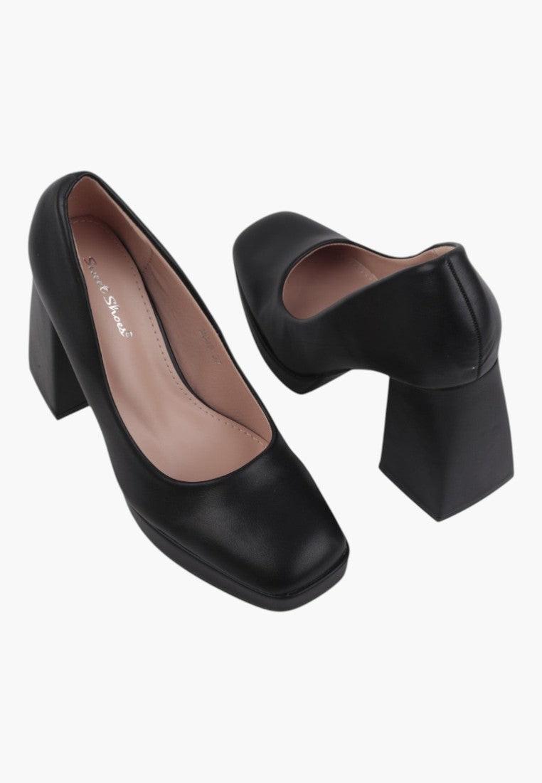 Czółenka damskie czarne z rounded toe, detal gładkiego wykończenia