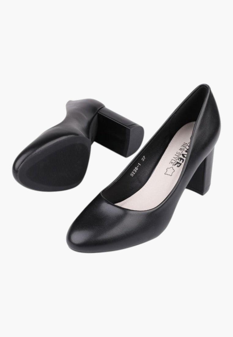 Czółenka damskie czarne, widok z tyłu, z chunky heel.