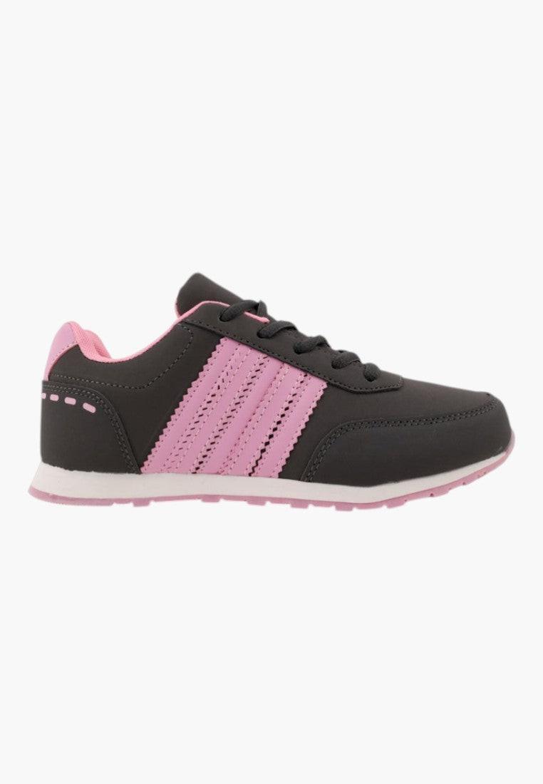 Damskie buty sportowe w szaro-różowym kolorze, widok z boku z paskami.