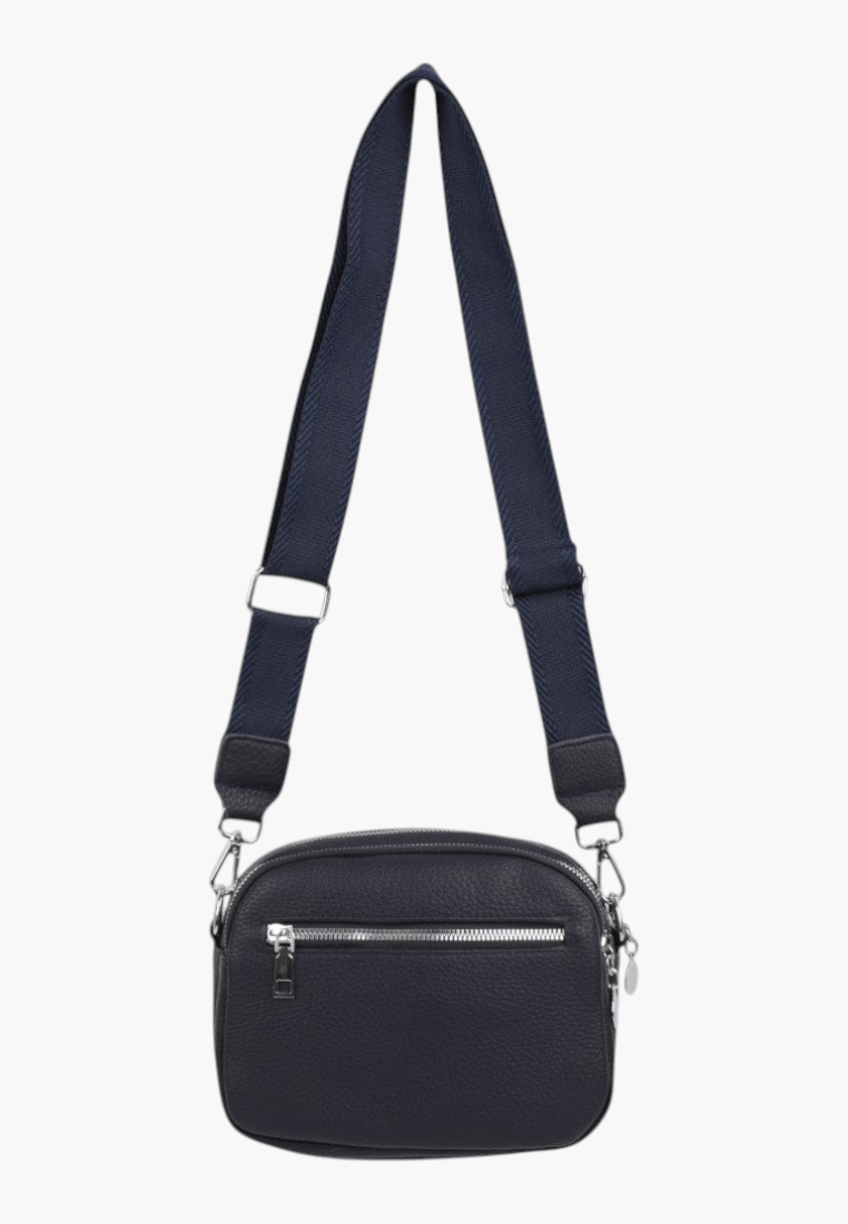 Front view of a navy crossbody bag with adjustable strap and zipper closure on a white background.
