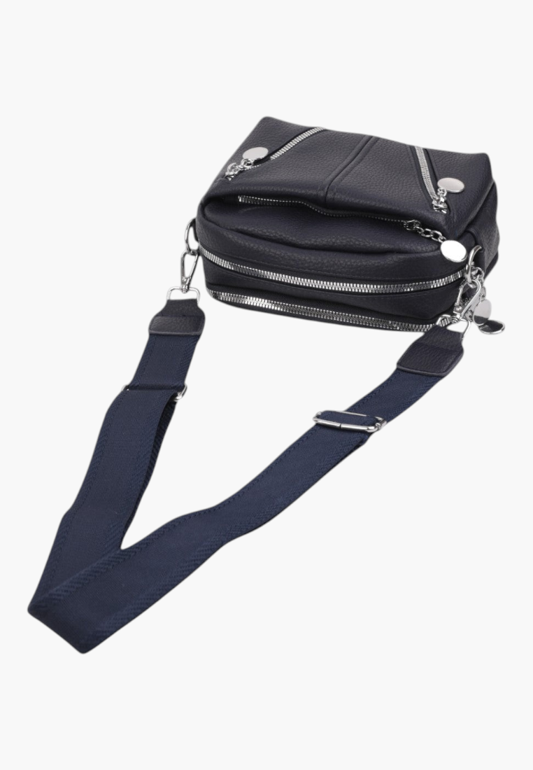 Side view of a navy crossbody bag showcasing zipper closure on a white background.