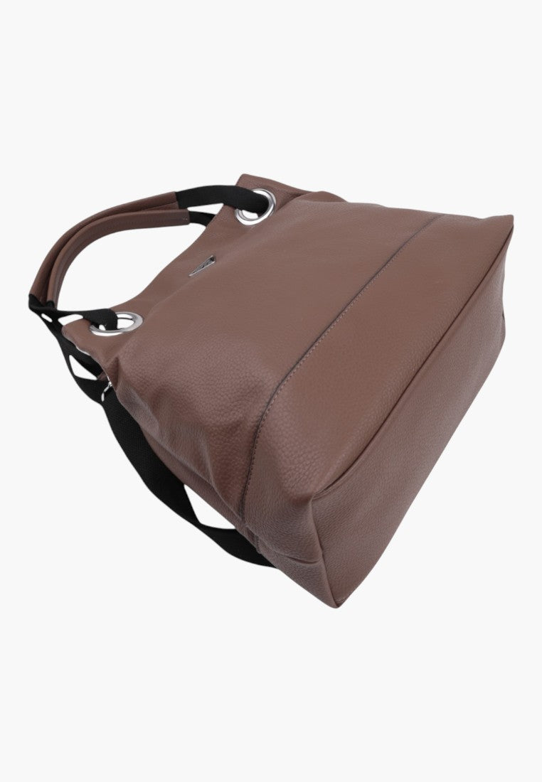 Torebka shopper w brązowej skórze ekologicznej, widok z boku z detalami.