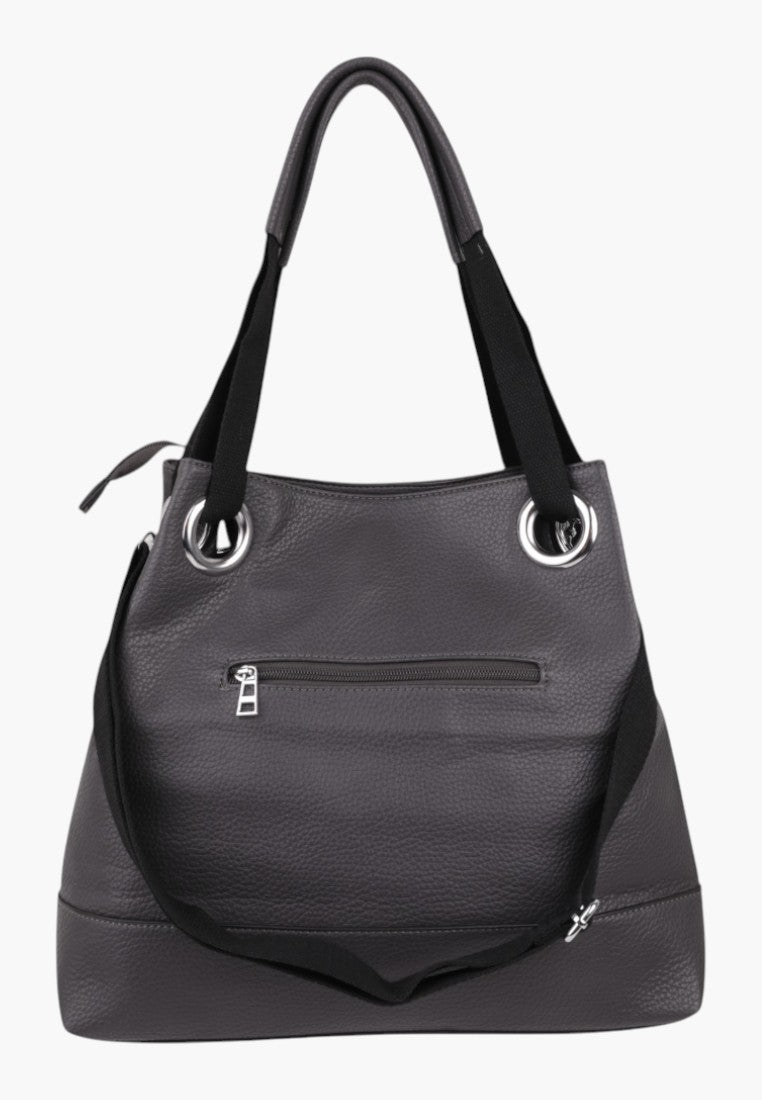 Duża szara torebka shopper z dwoma komorami, widok z tyłu.