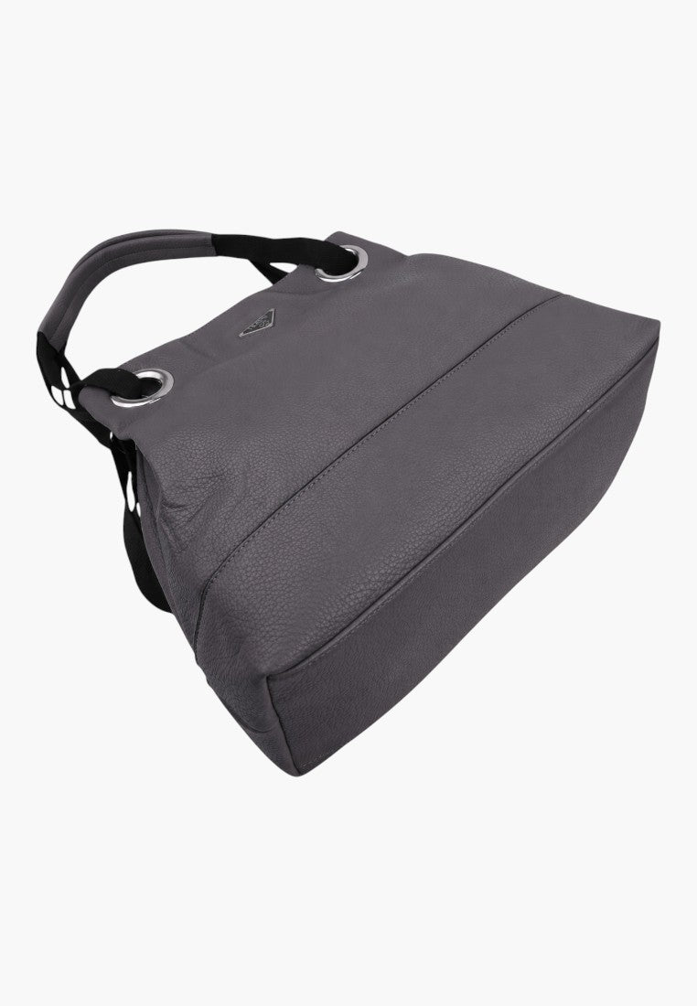 Szara torebka shopper z metalowymi oczkami, widok z bliska.