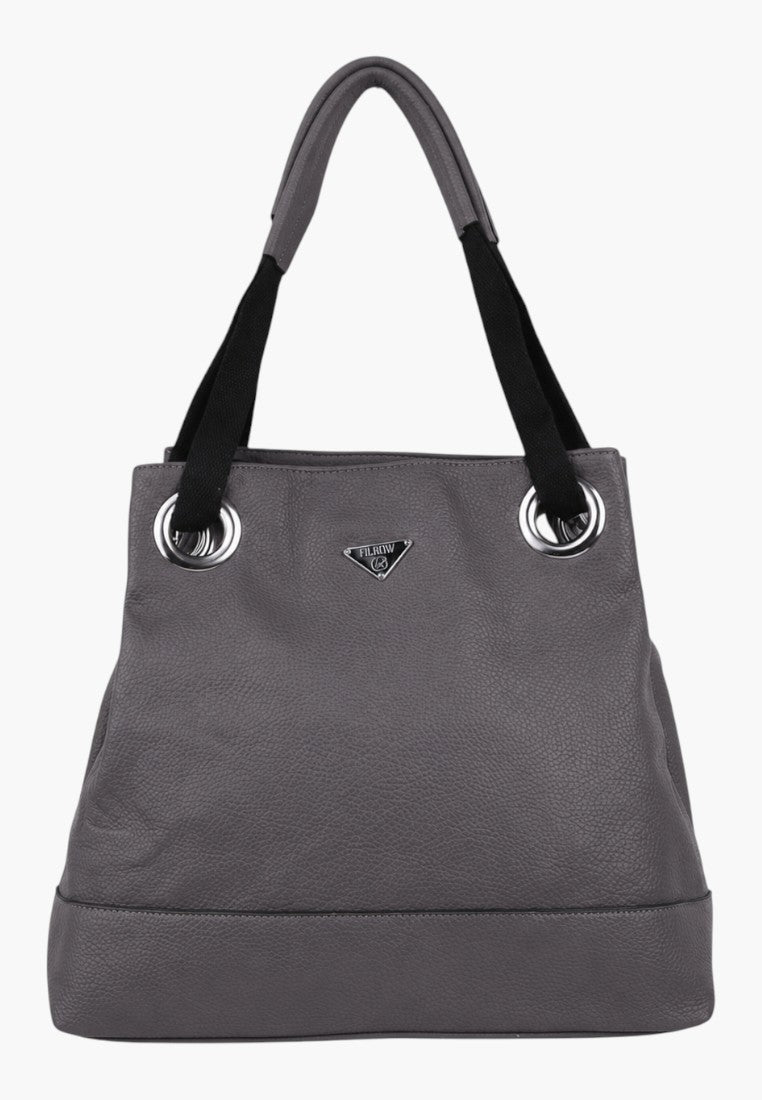 Szara torebka shopper z zamkiem i srebrnymi detalami, widok z przodu.