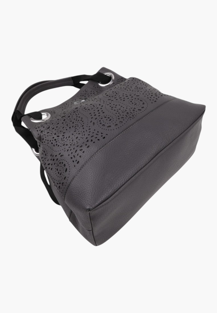 Falio DGRAY shopper bag in dark grey faux leather with floral patterns, front view.