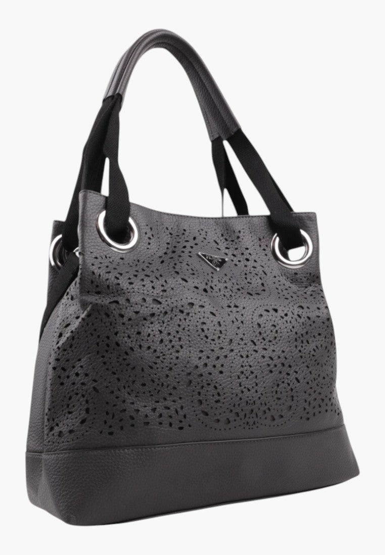 Falio DGRAY shopper bag in dark grey faux leather with floral patterns, front view.