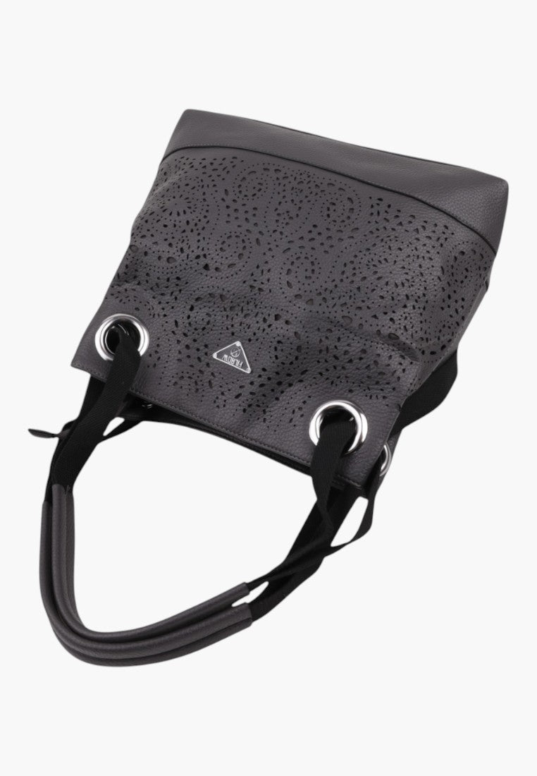 Falio DGRAY shopper bag in dark grey faux leather with floral patterns, side view.