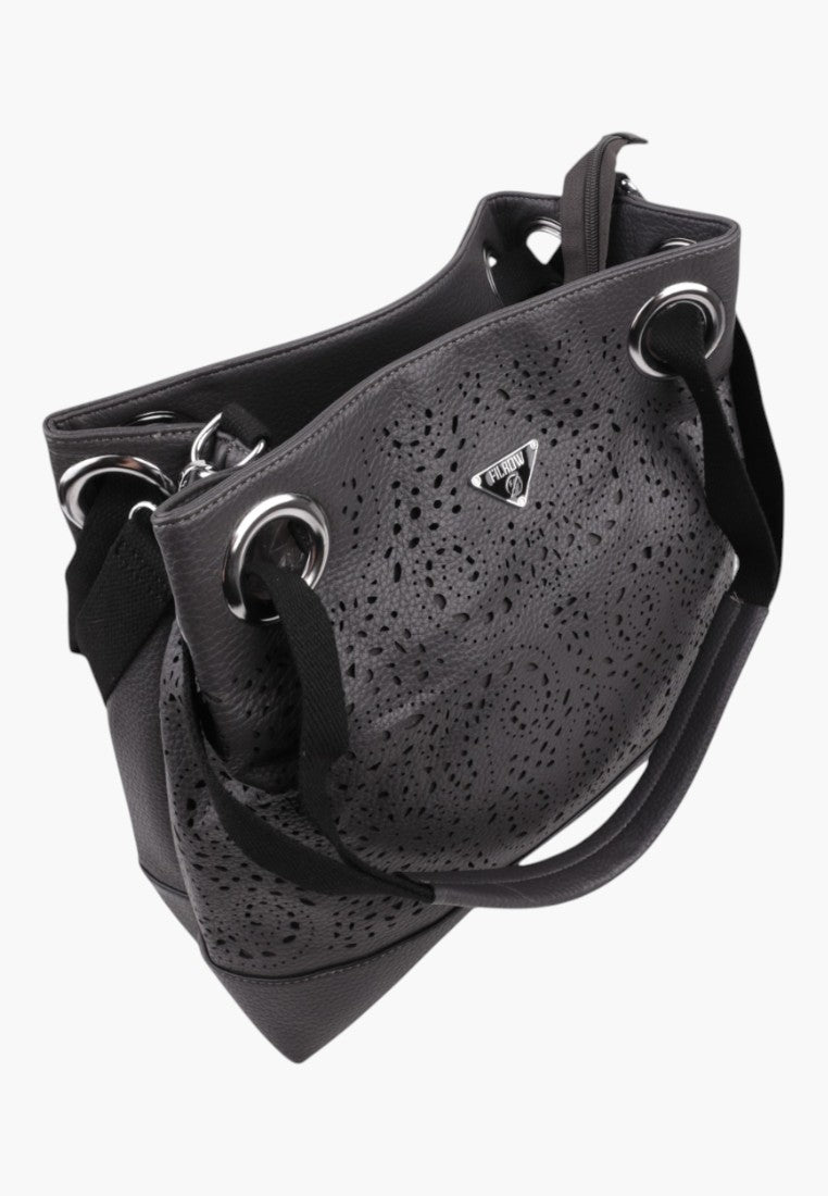 Falio DGRAY shopper bag in dark grey faux leather with floral patterns and zipper closure, side view.