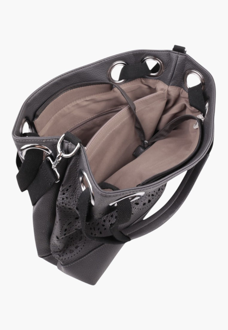 Falio DGRAY grey faux leather shopper bag with two compartments and decorative cutouts, detail view.