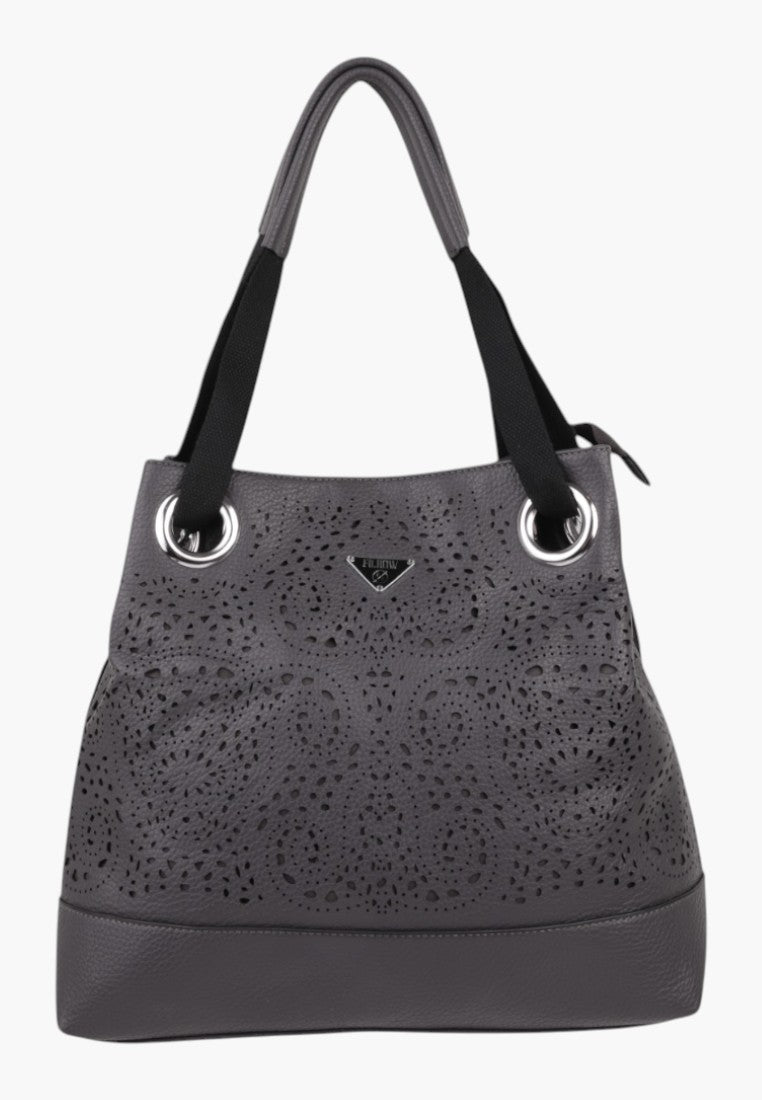 Falio grey faux leather shopper bag with floral patterns, front view.
