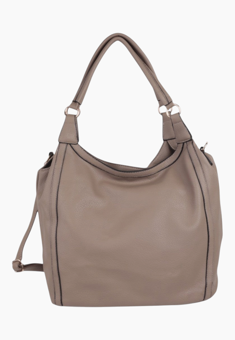 Front view of the beżowa torebka shopper z zamkiem i podwójnymi uchwytami na białym tle