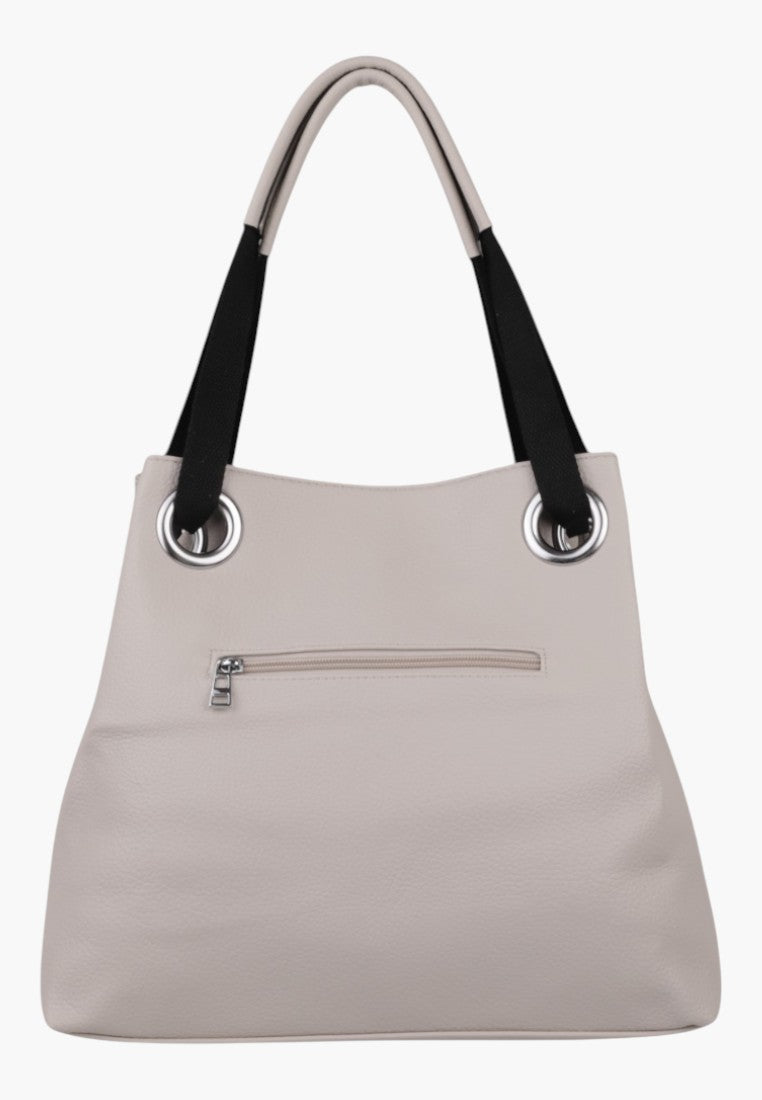 Beige handbag back view featuring a zipper pocket and two handles on a white background.