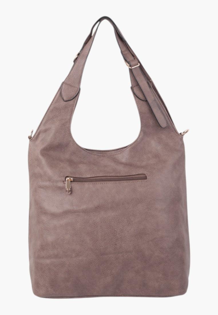 Tylny widok brązowej torebki damskiej shopper na ramię o prostym designie i bez widocznych elementów metalowych.