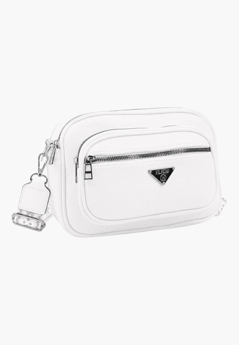 Detail close-up of a white handbag with zipper closure and logo detail.