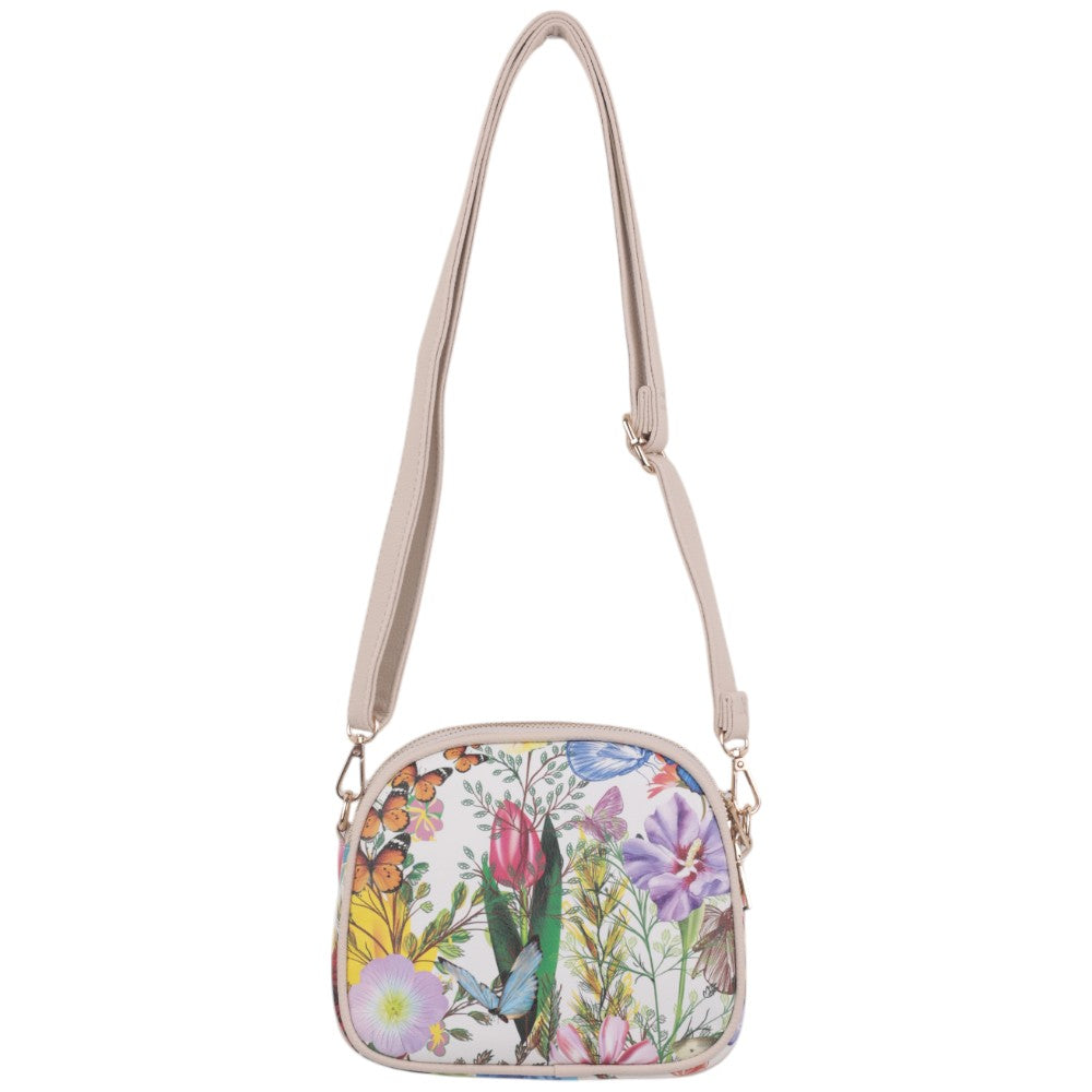 Przód torebki crossbody z kwiatowym wzorem i regulowanym paskiem.