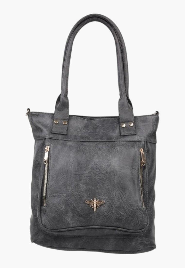 Tylny widok eleganckiej szarej torebki shopper na ramię z ekoskóry z kieszonką na zamek.