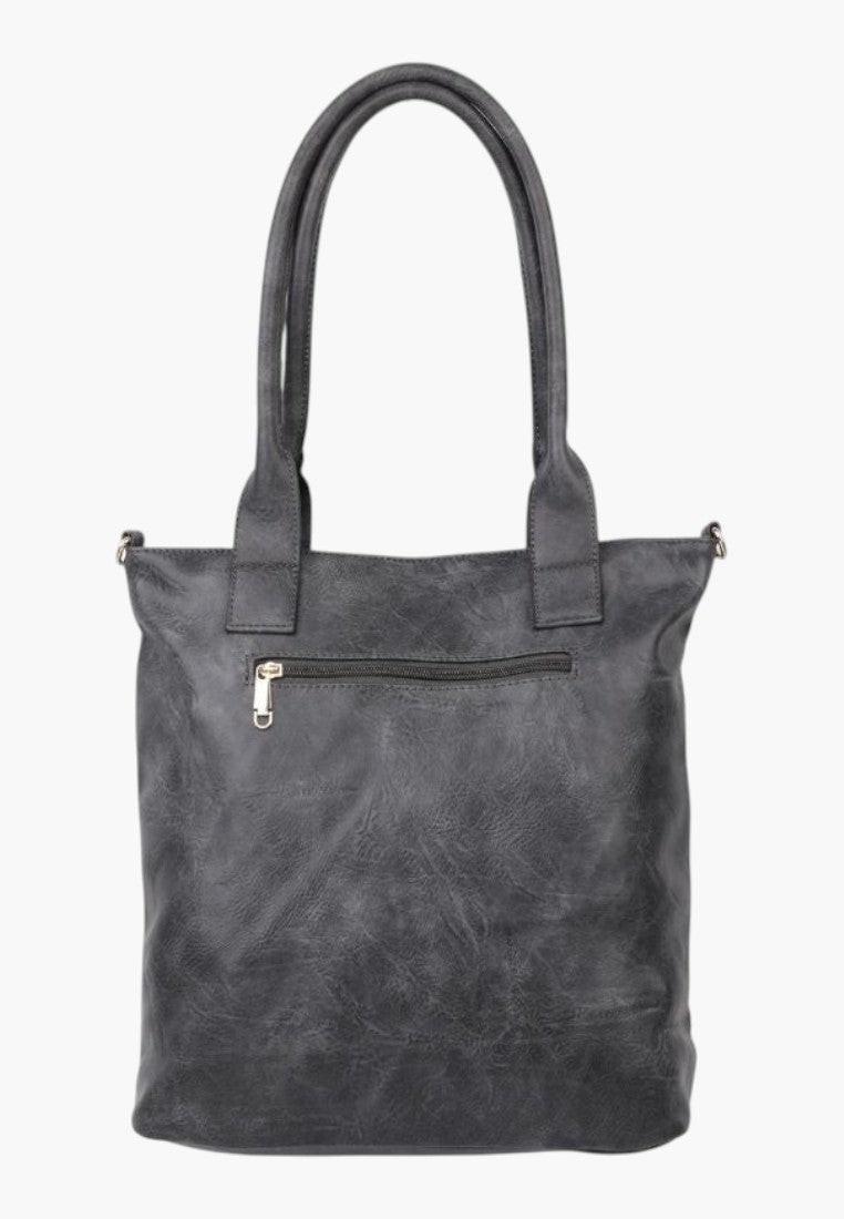 Tylny widok eleganckiej szarej torebki shopper na ramię z ekoskóry z logo na złotej metalowej płytce.