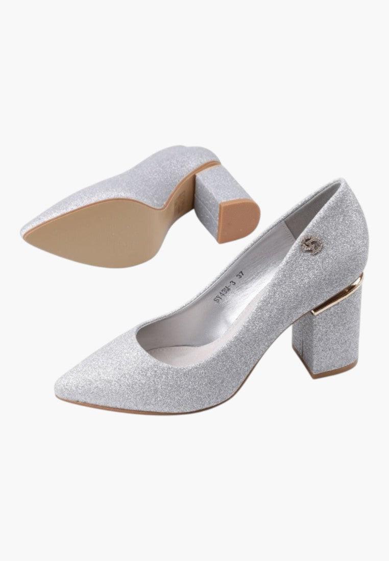 Eleganckie srebrne czółenka damskie, widok wnętrza, chunky heel