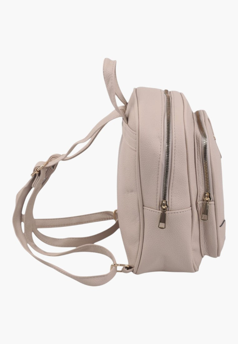 Falio small apricot faux leather backpack with side view showing zippered compartments and adjustable straps