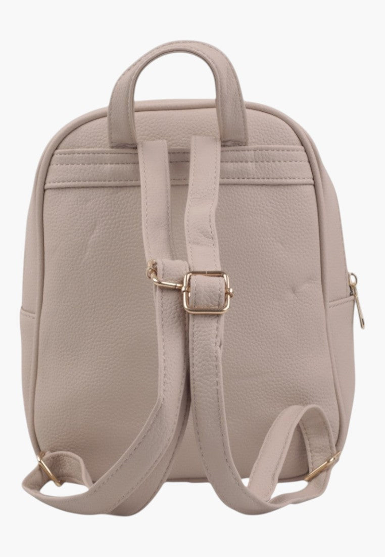 Back view of a small Falio apricot faux leather backpack with adjustable straps and gold-tone metal hardware.