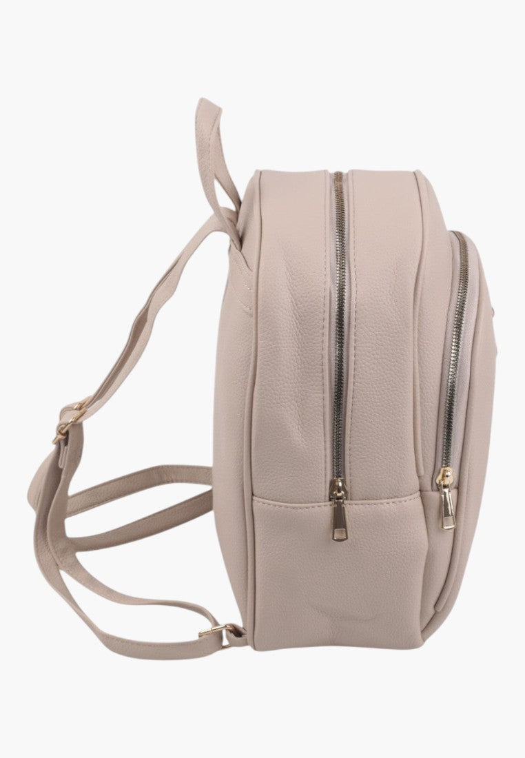 Falio apricot faux leather urban backpack with side view showing multiple zippered compartments and adjustable straps