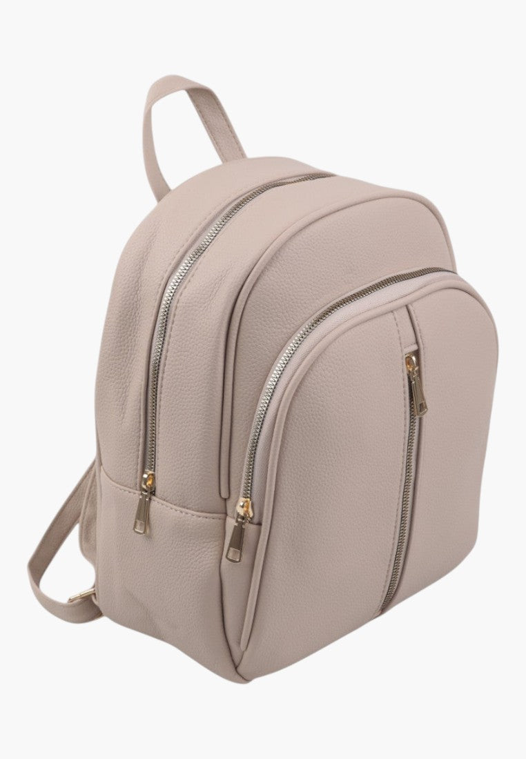 Falio apricot faux leather urban backpack with silver zippers and spacious compartments for daily use.