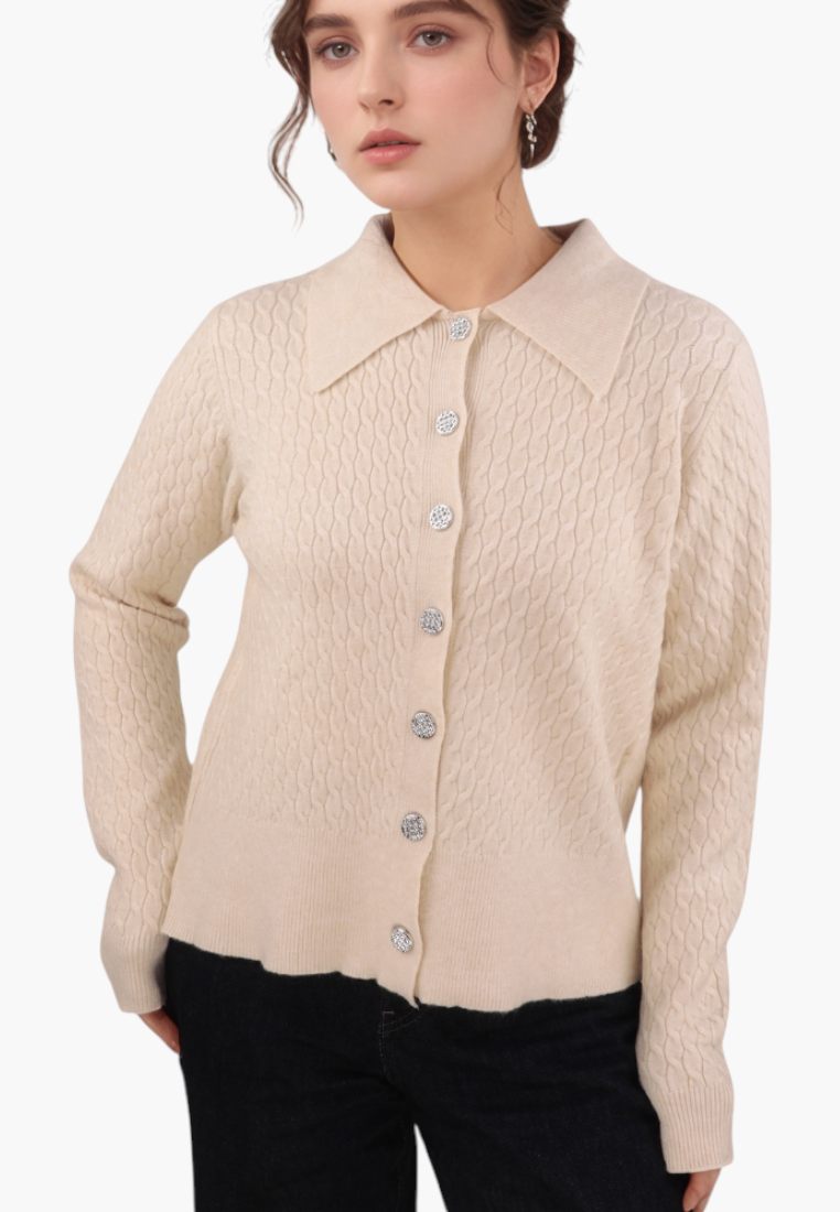Falio beige button-up knit cardigan with a collared neckline and textured cable knit pattern worn by a model.