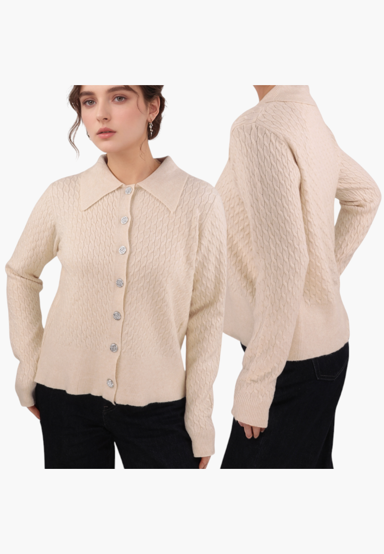 Falio beige button-up knit cardigan with a collared neckline and textured cable knit pattern worn by a model