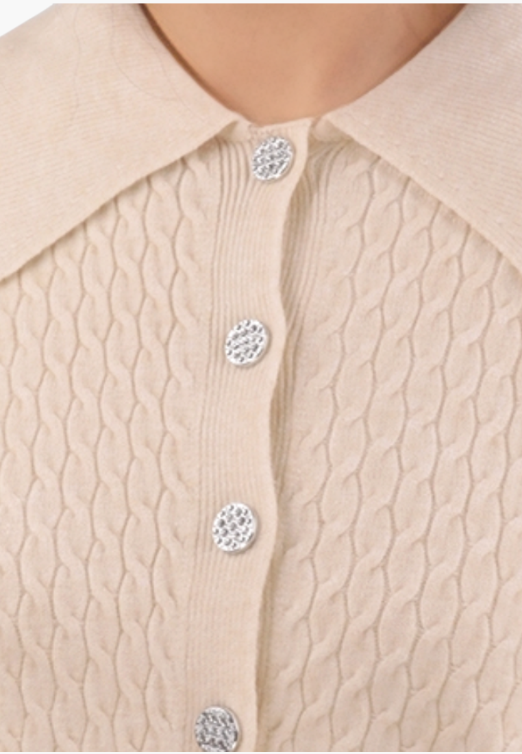 Falio beige cable knit button-up cardigan with a classic collar and textured silver buttons