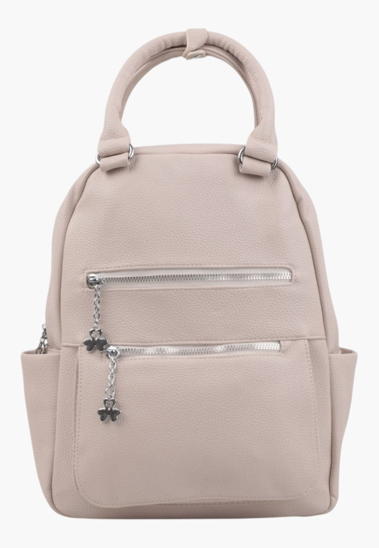 Falio beige urban backpack made of eco-leather with silver zippers and decorative clover charms