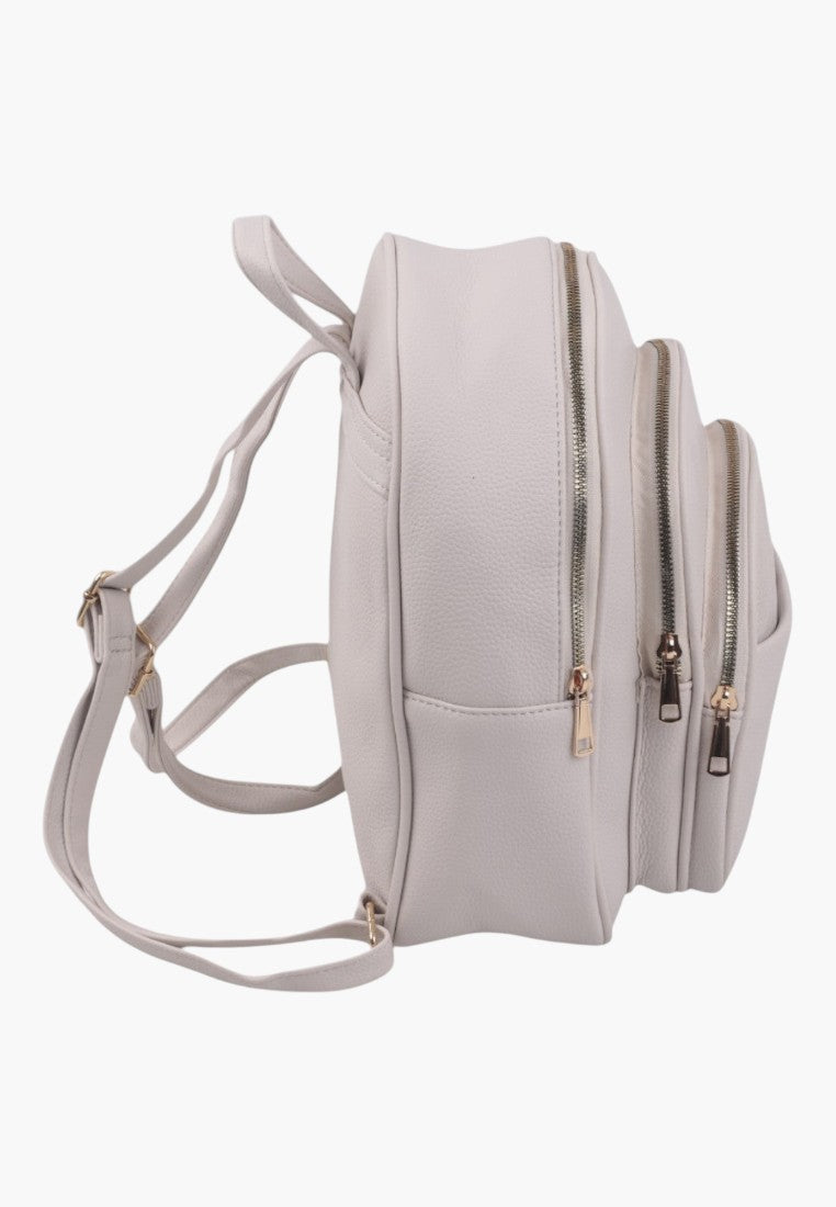 Falio beige urban backpack made of eco-leather with multiple zippered compartments, side view