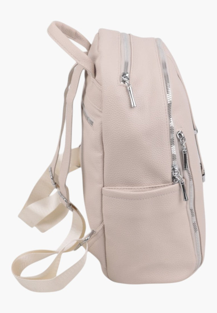 Falio beige urban women's backpack made of eco-leather with multiple zippered pockets and adjustable straps