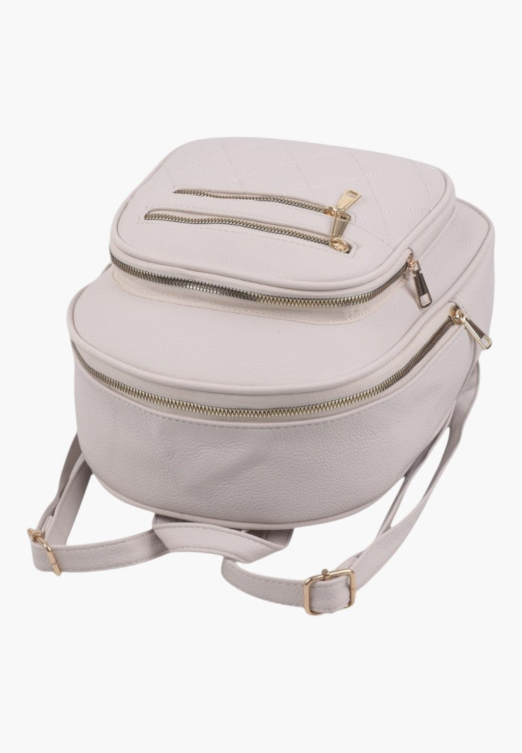 Falio beige urban backpack made of eco-leather with quilted details, multiple zippered pockets, and gold hardware.