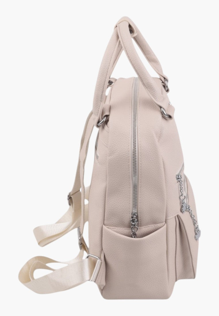 Falio beige urban backpack made of eco-leather with side pockets and silver zipper details, side view