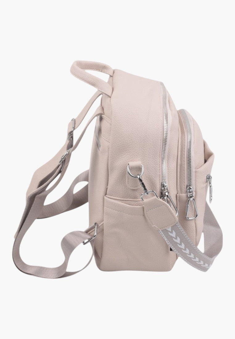 Falio beige urban backpack made of eco-leather with multiple zippered pockets and adjustable straps, side view