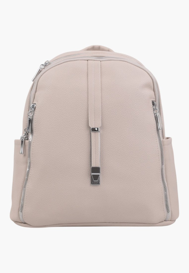Falio beige urban women's backpack made of eco-leather with silver zippers and a central decorative metal detail.