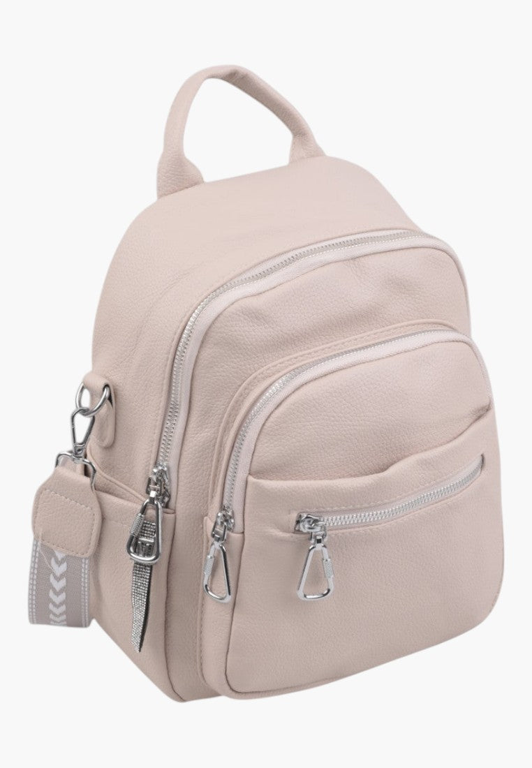 Falio beige urban backpack made of eco-leather with multiple zippered pockets and a decorative patterned strap.